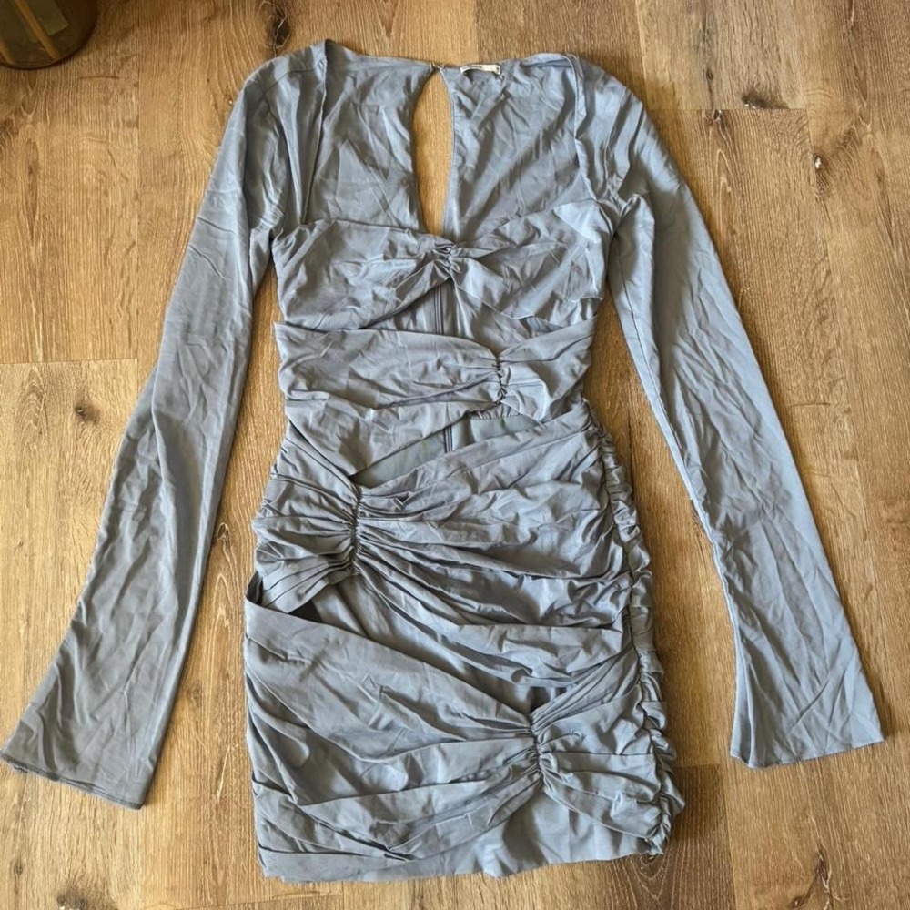 House of CB Blue CAMILLE Dove Grey‎ Real Silk Mini Dress size Medium